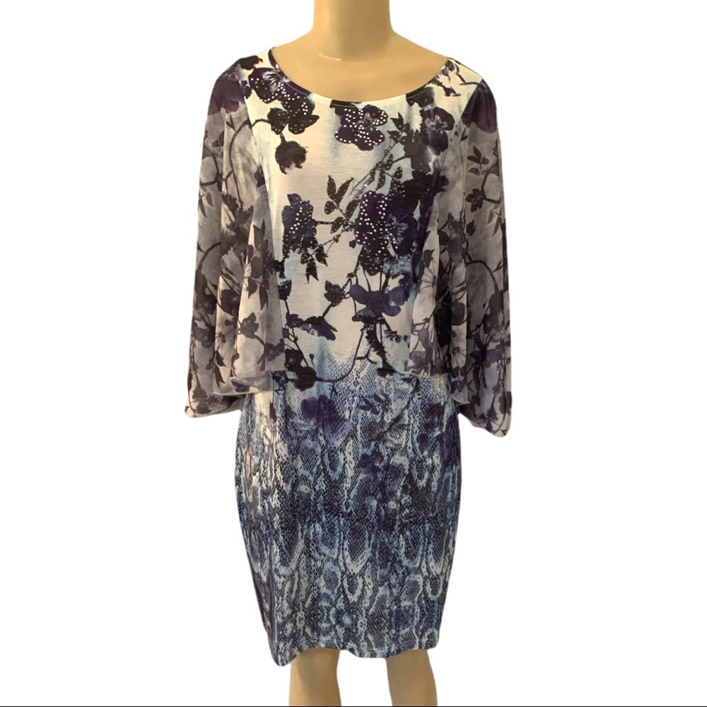 Victoriana UK Butterfly Sleeve Layered Stretch Black Blue Midi Floral Dress